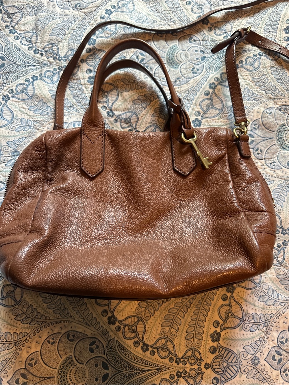 Fossil Cognac Brown Pebbled Leather Shoulder Bag with Key Charm